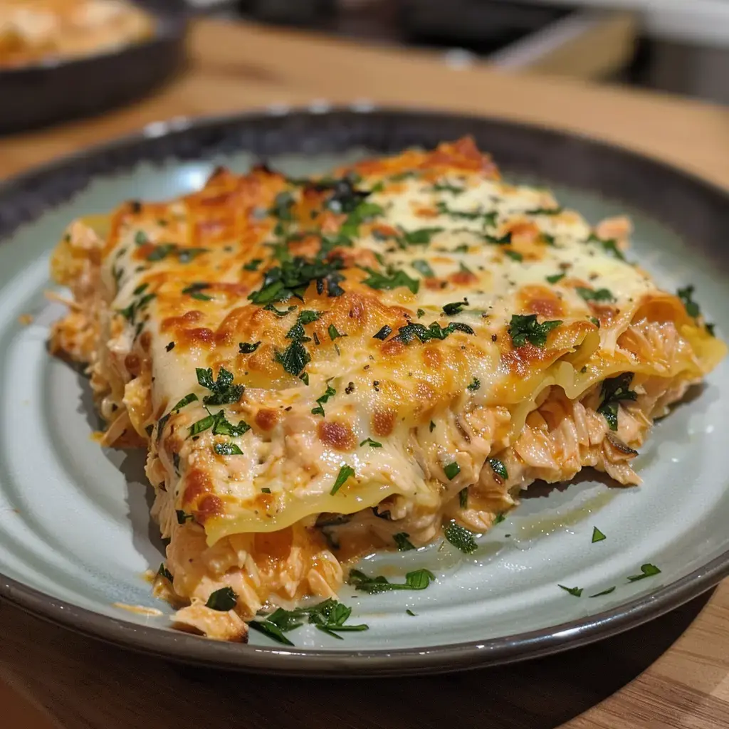 Ein goldbrauner Lasagne-Auflauf, mit Käse und Petersilie garniert, auf einem Teller serviert.