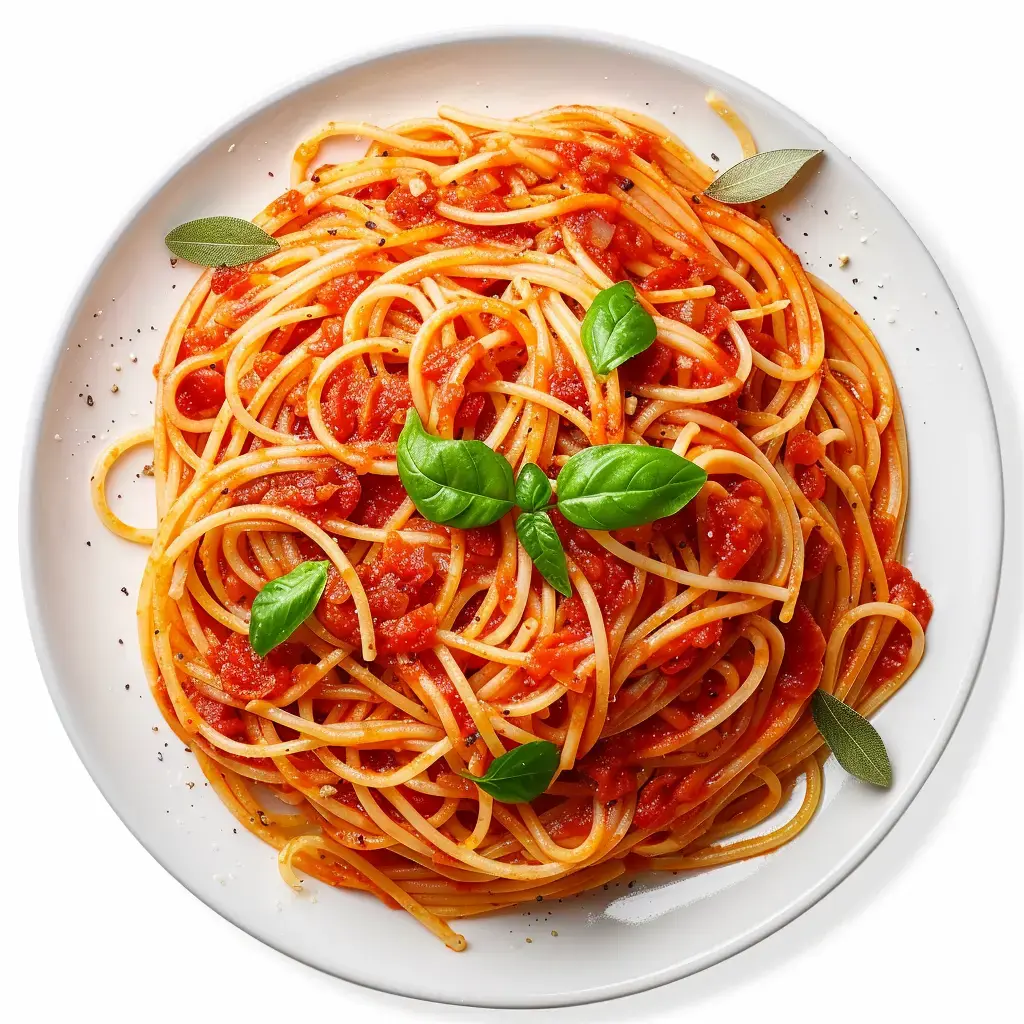 Ein Teller Spaghetti mit Tomatensauce und frischem Basilikum garniert.