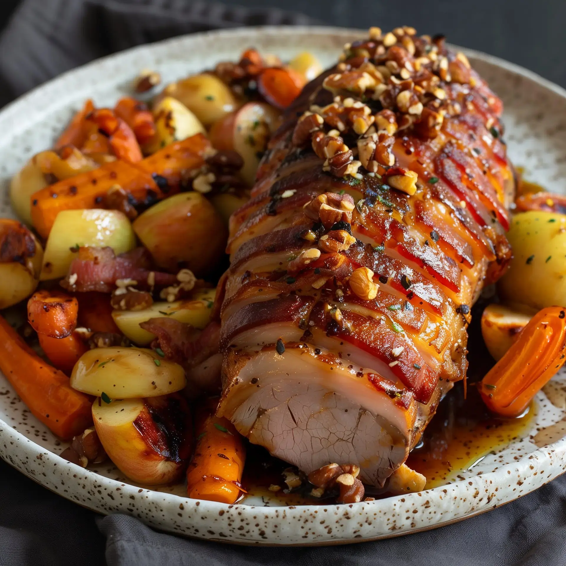 Ein schöner Teller mit Schweinebraten, knusprigen Nüssen, karamellisierten Möhren und golden gebackenen Kartoffeln.