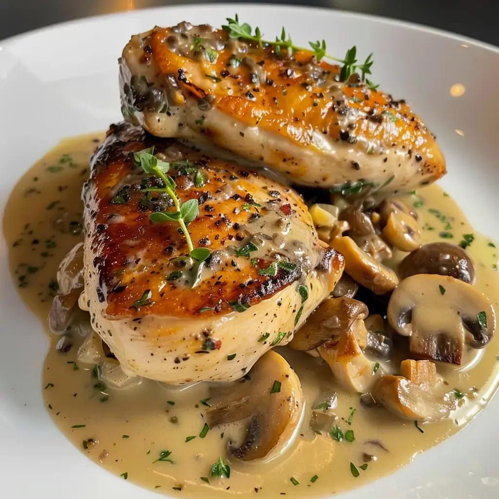 Perfekt gegarte Hähnchenbrüste, garniert mit Kräutern, serviert auf cremiger Champignonssoße.