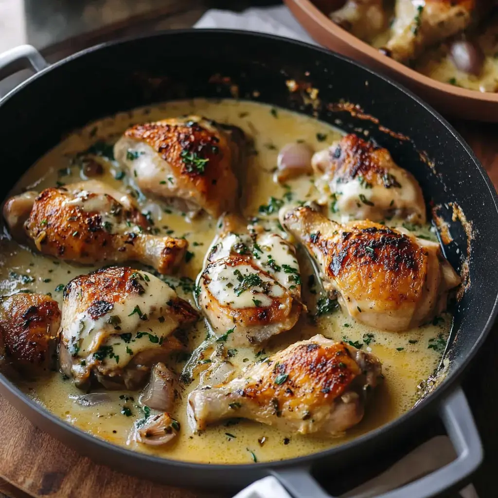 Gebratenes Hühnergericht in cremiger Sauce, mit Petersilie garniert, serviert in einer Pfanne.