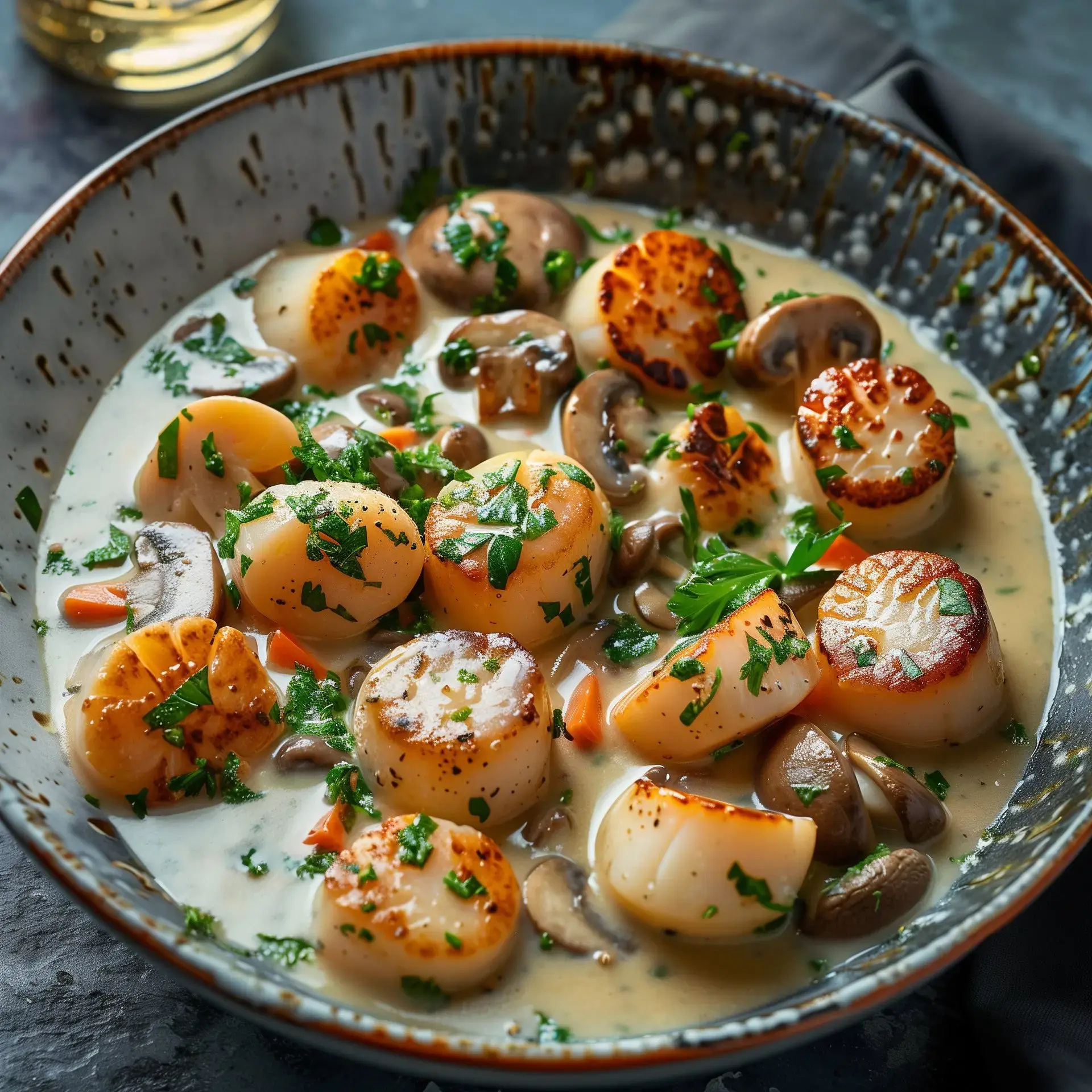 Eine Portion Saint-Jacques mit Pilzen in einer cremigen Soße, garniert mit frischer Petersilie.