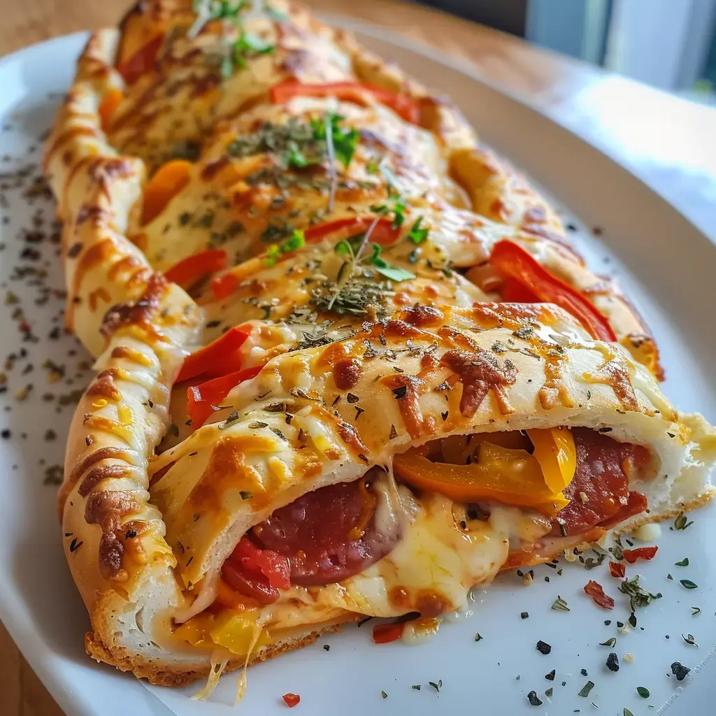 Eine köstliche Kreation aus gefülltem Brot mit Käse, Wurst und Gemüse, verfeinert mit aromatischen Kräutern.