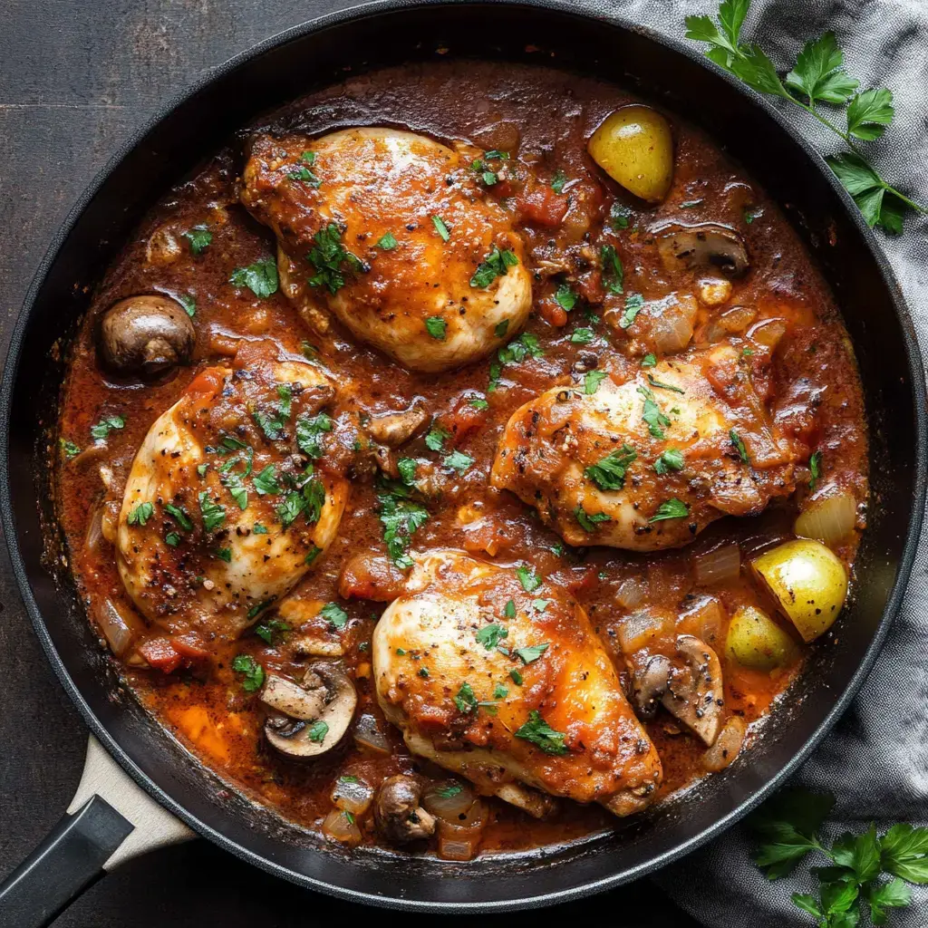Geschmortes Huhn mit Tomaten, Champignons und Kräutern, serviert in einer Pfanne.