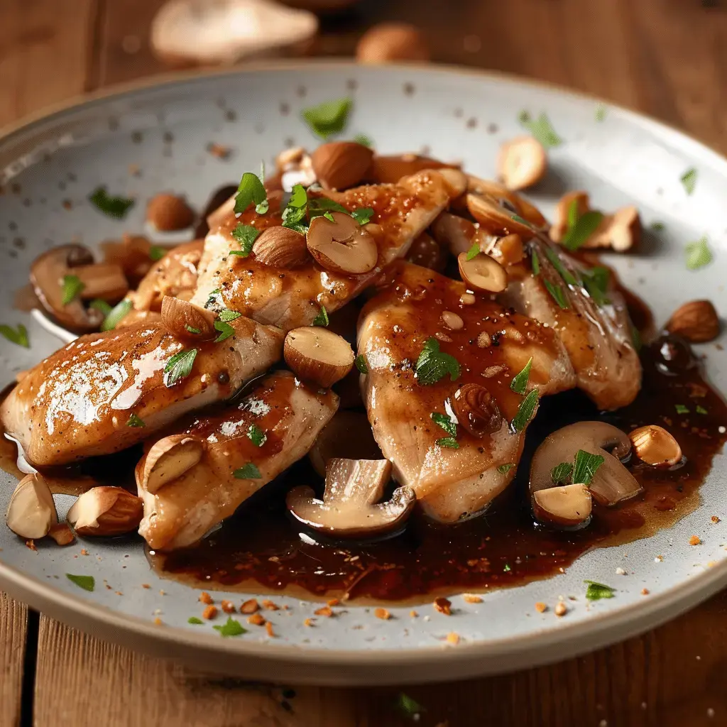 Hähnchen mit Pilzsoße, gerösteten Haselnüssen und frischer Petersilie garniert.