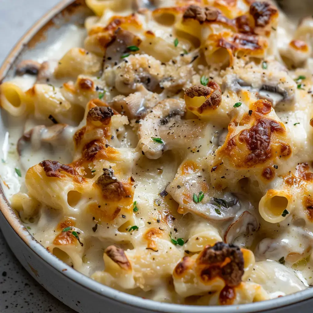 Eine Schale mit gratinierten Nudeln in cremiger Sauce, Champignons und einer goldenen Käsekruste.