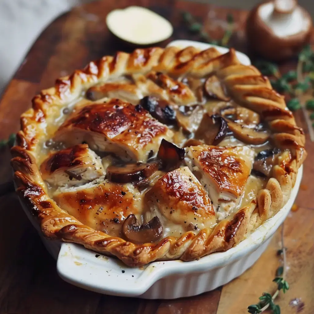 Eine goldene Poulet-Tourte, gefüllt mit saftigem Hähnchen und Champignons, serviert in einer Keramikform.