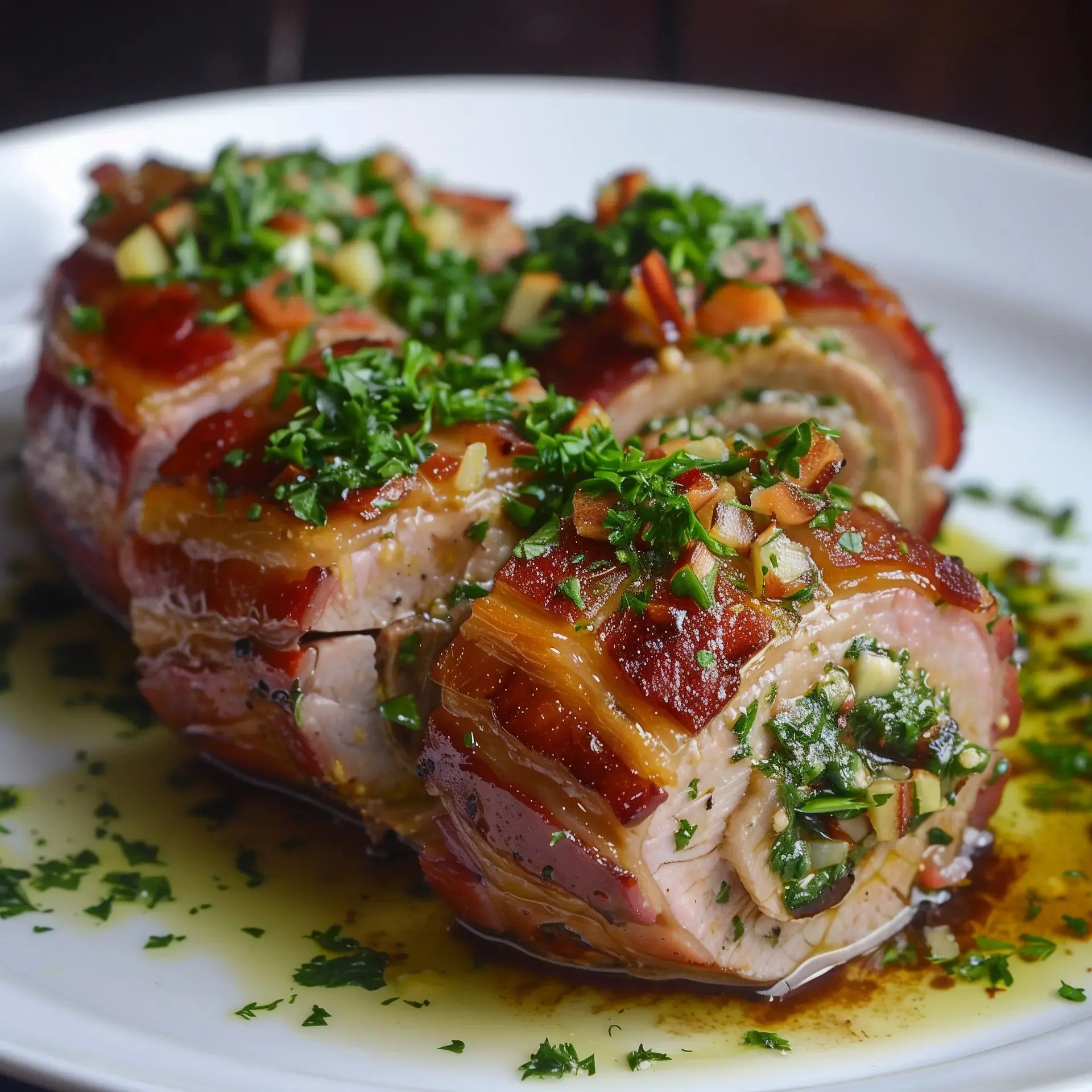 Saftiges Schweinefilet, gefüllt und in Speck gerollt, dekoriert mit frischen Kräutern.