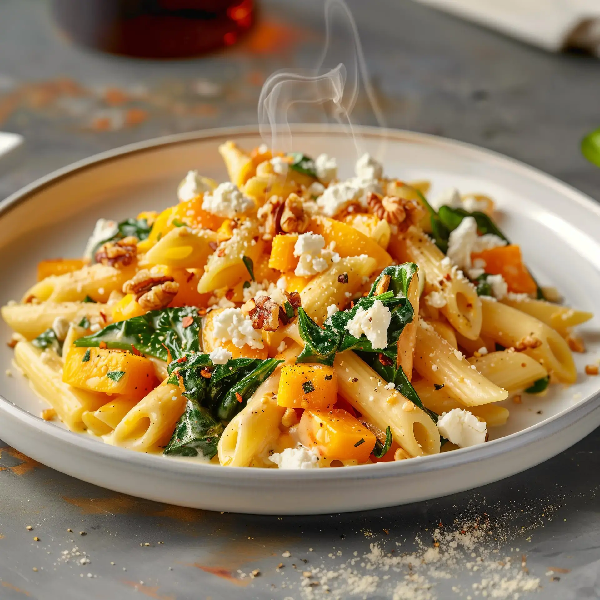 Ein Teller Pasta mit Stücken von Kürbis, Spinat, Nüssen und Käse.