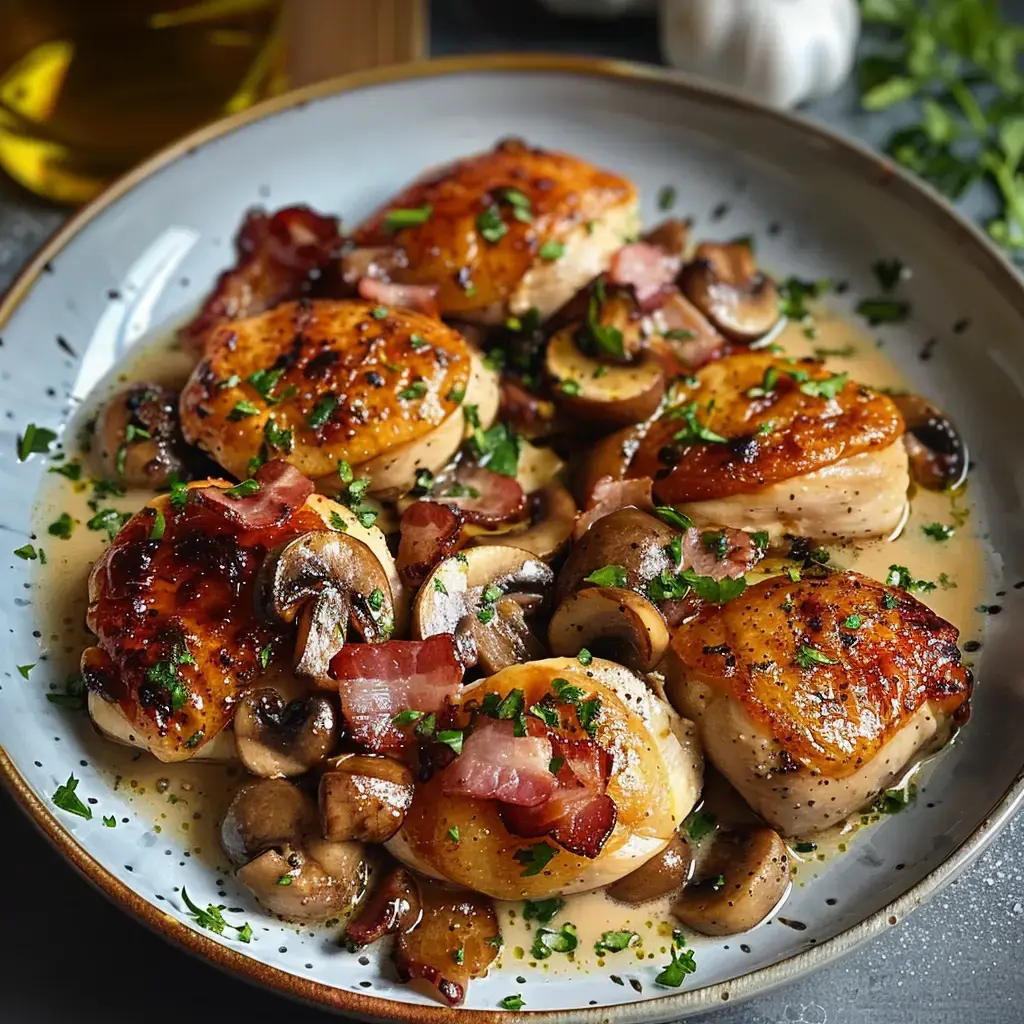 Ein cremiges Hühnchengericht mit Pilzen und Bacon, garniert mit frischer Petersilie, serviert in einer leckeren Sauce.
