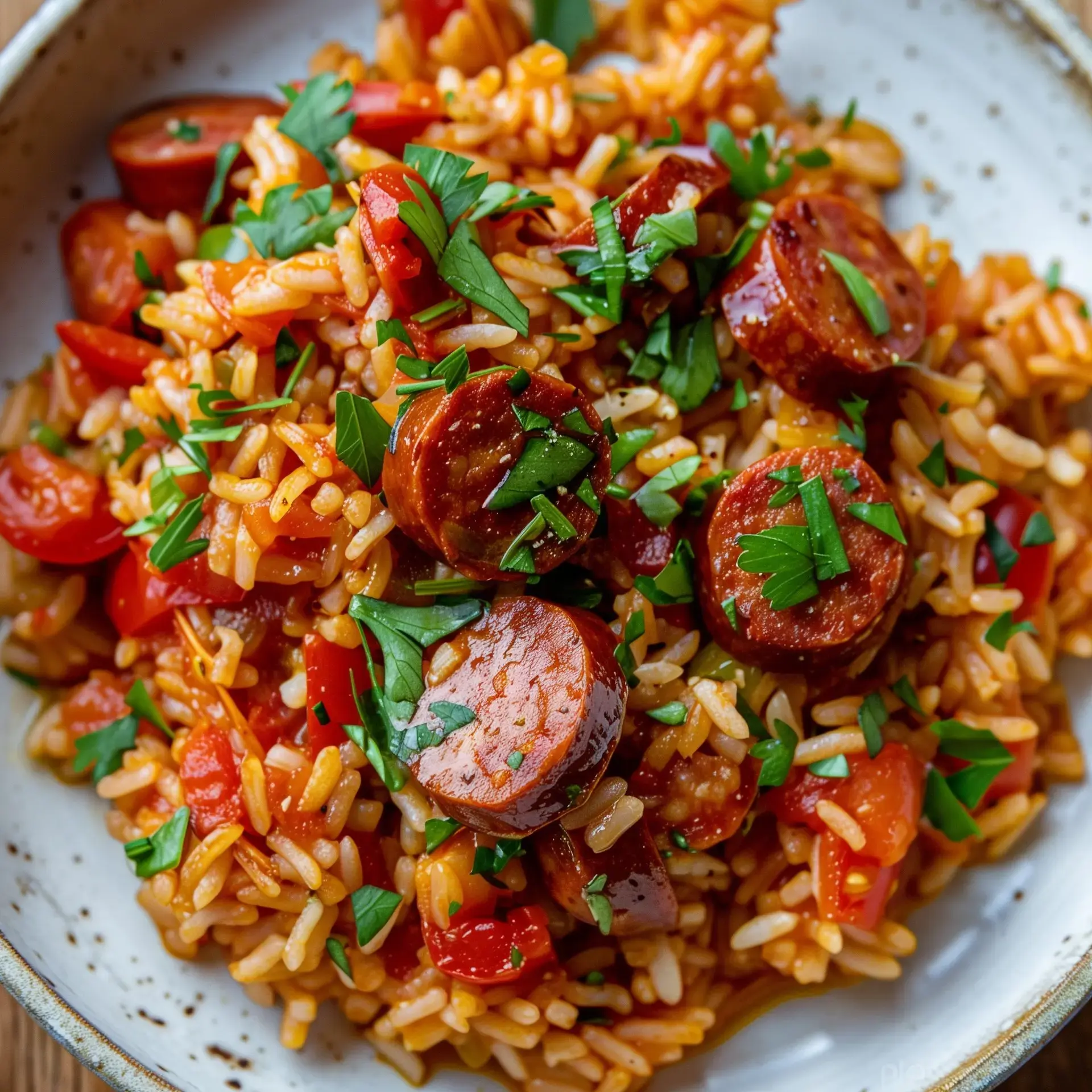 Ein Teller Reis mit Würstchen, Tomaten und frischer Petersilie.