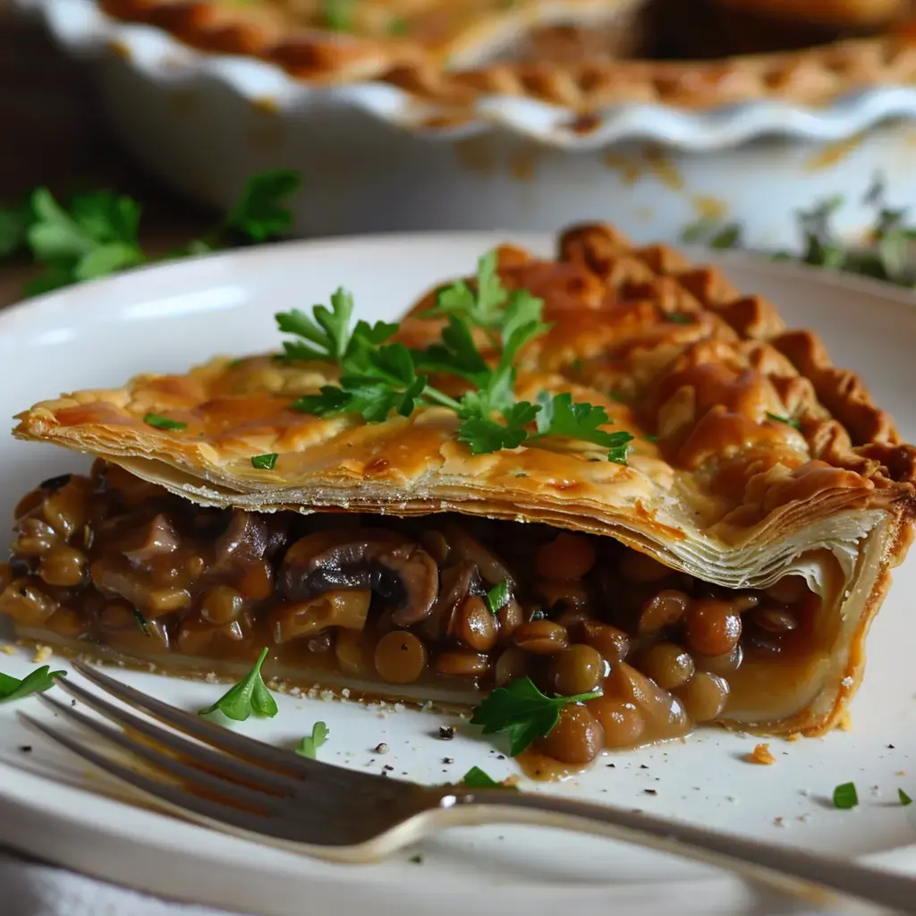 Ein Stück Tourte mit Kastanien, Pilzen und Linsen auf einem weißen Teller, garniert mit frischer Petersilie.