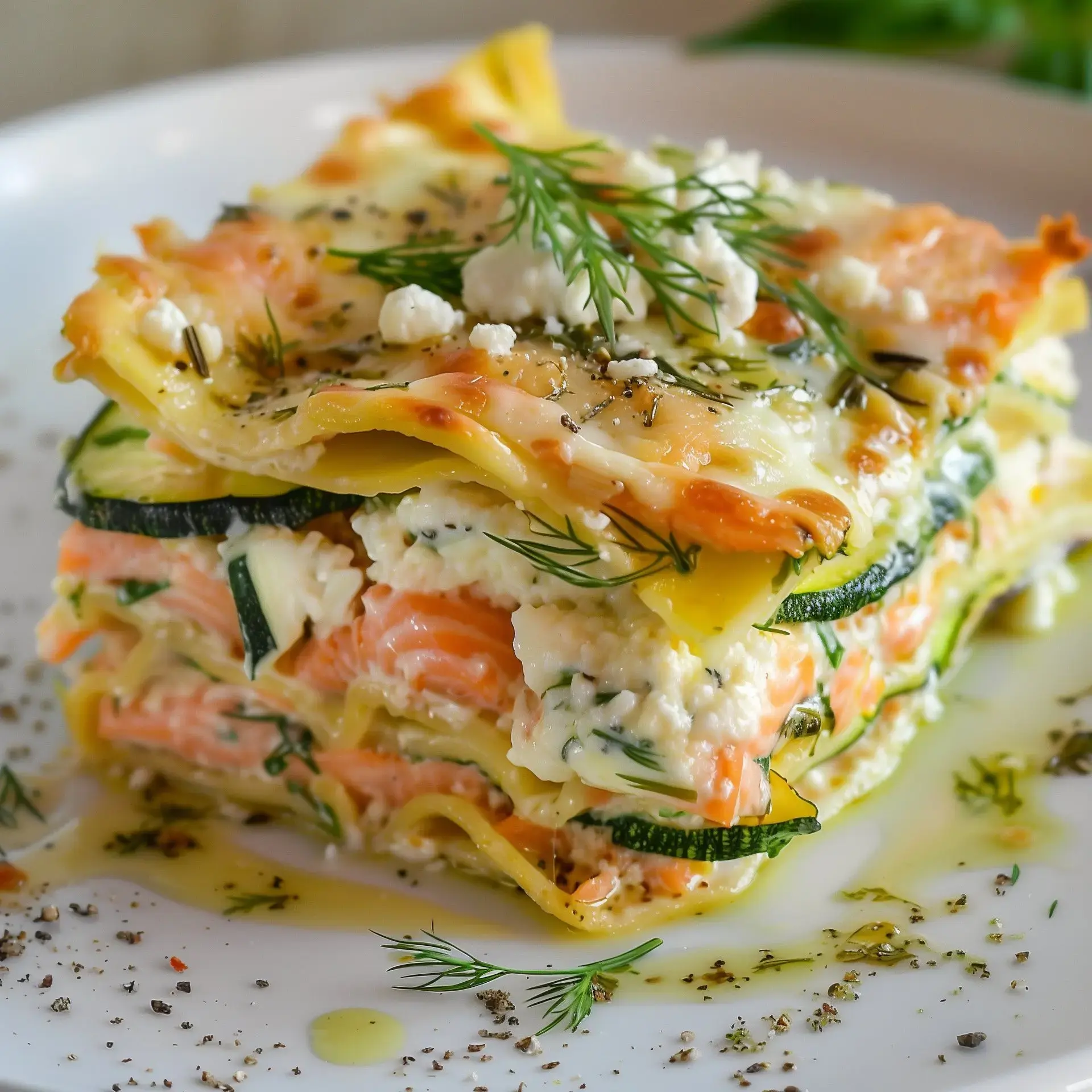 Lasagne mit Lachs und Zucchini, garniert mit Frischkäse und Dill auf weißem Teller.