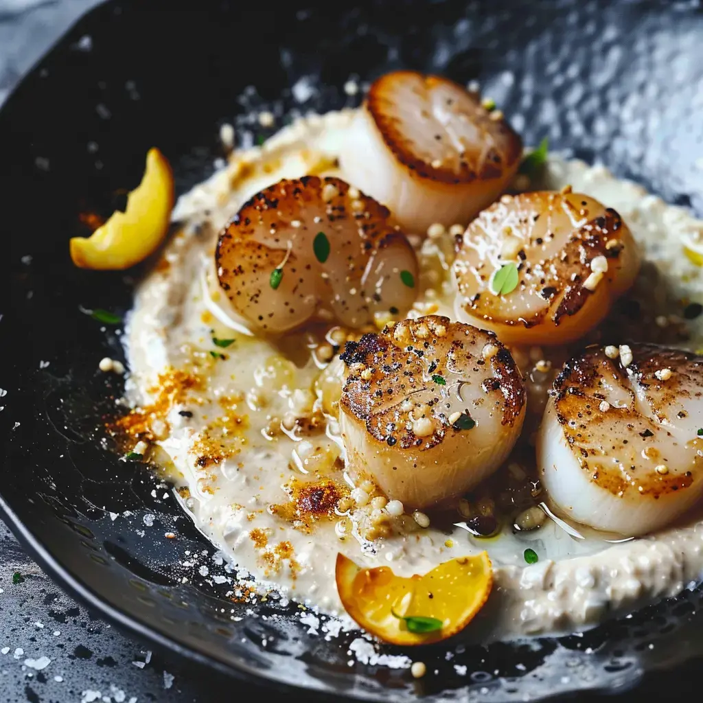 Ein Teller mit gegrillten Saint-Jacques auf cremiger Sauce, dekoriert mit Zitronenzesten und Kräutern.