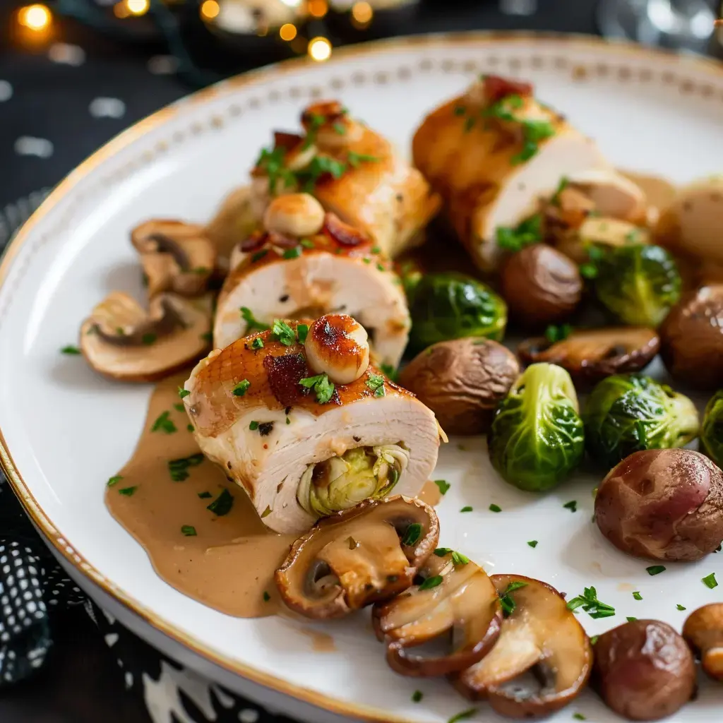 Ein Teller mit gefüllter Hähnchenrolle, dazu Pilze, Rosenkohl und Kartoffeln, überzogen von einer cremigen Sauce.