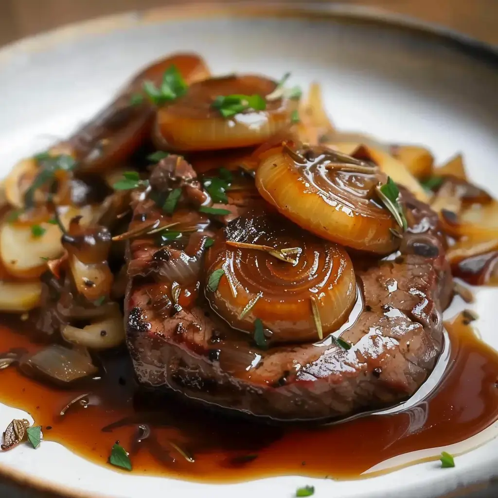 Ein Gericht mit zartem Bœuf und karamellisierten Oignons, angerichtet auf einem Teller mit Sauce.