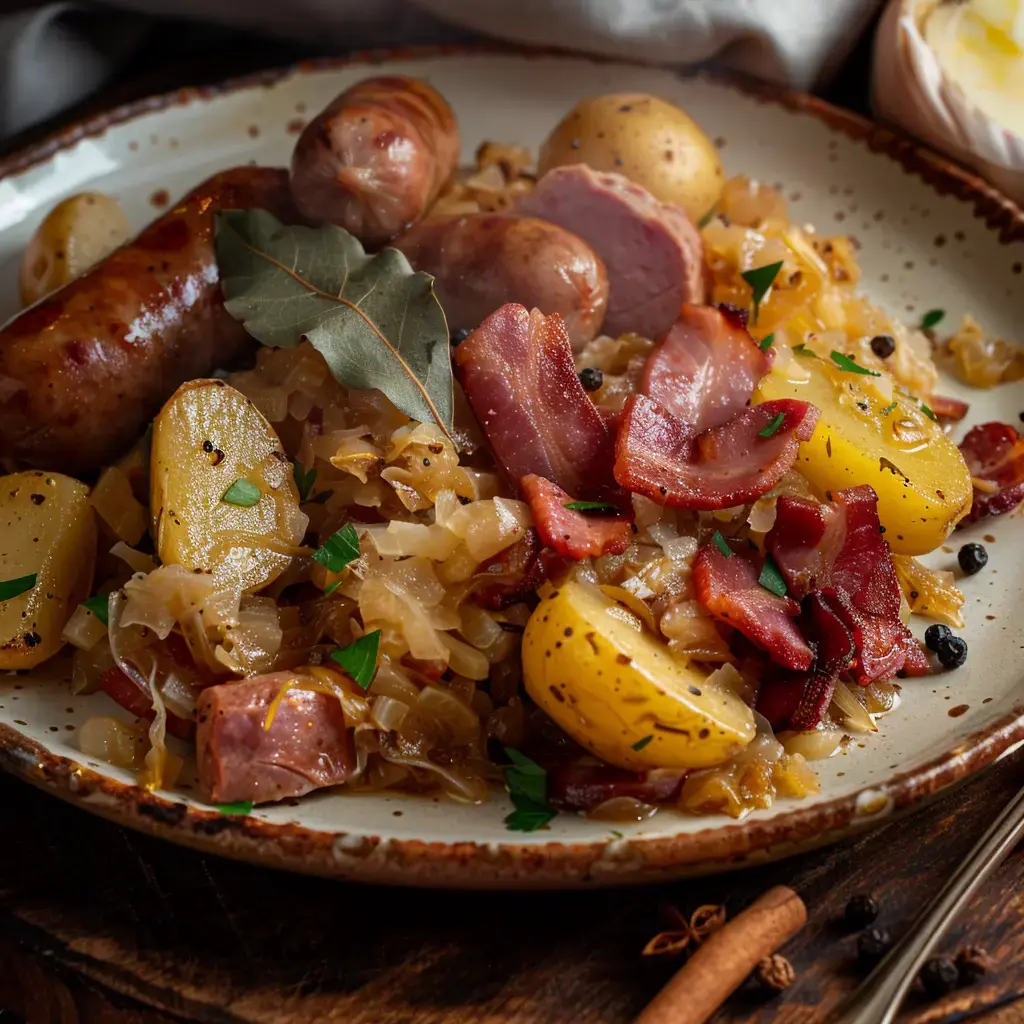 Herzhaftes Sauerkraut mit Würstchen, Speck, Kartoffeln und Lorbeerblättern serviert.