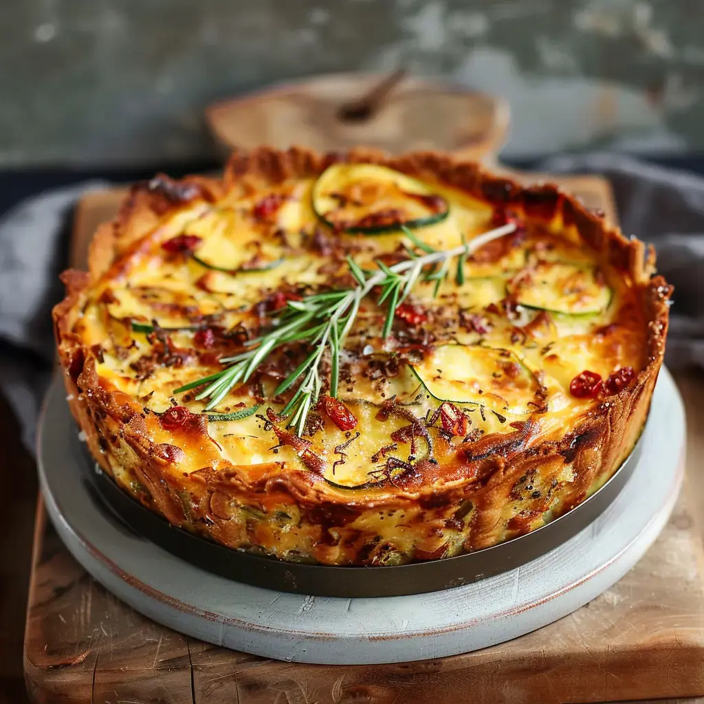 Eine goldbraune herzhafte Tarte mit Zucchini, Tomaten und Rosmarin auf einem Holztablett serviert.
