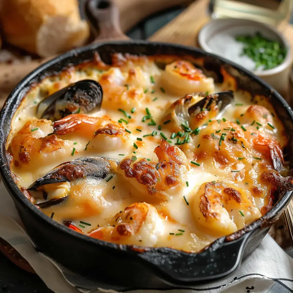 Ein duftender Gratin mit Meeresfrüchten, darunter Garnelen und Muscheln, serviert in einer gusseisernen Pfanne und dekoriert mit Schnittlauch.