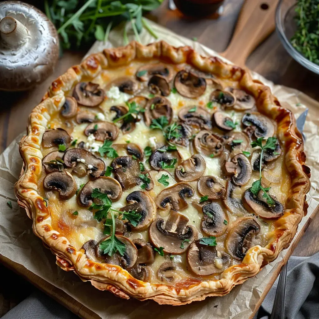 Eine Blätterteigtarte mit Champignons und Petersilie, serviert auf einem Holzbrett.