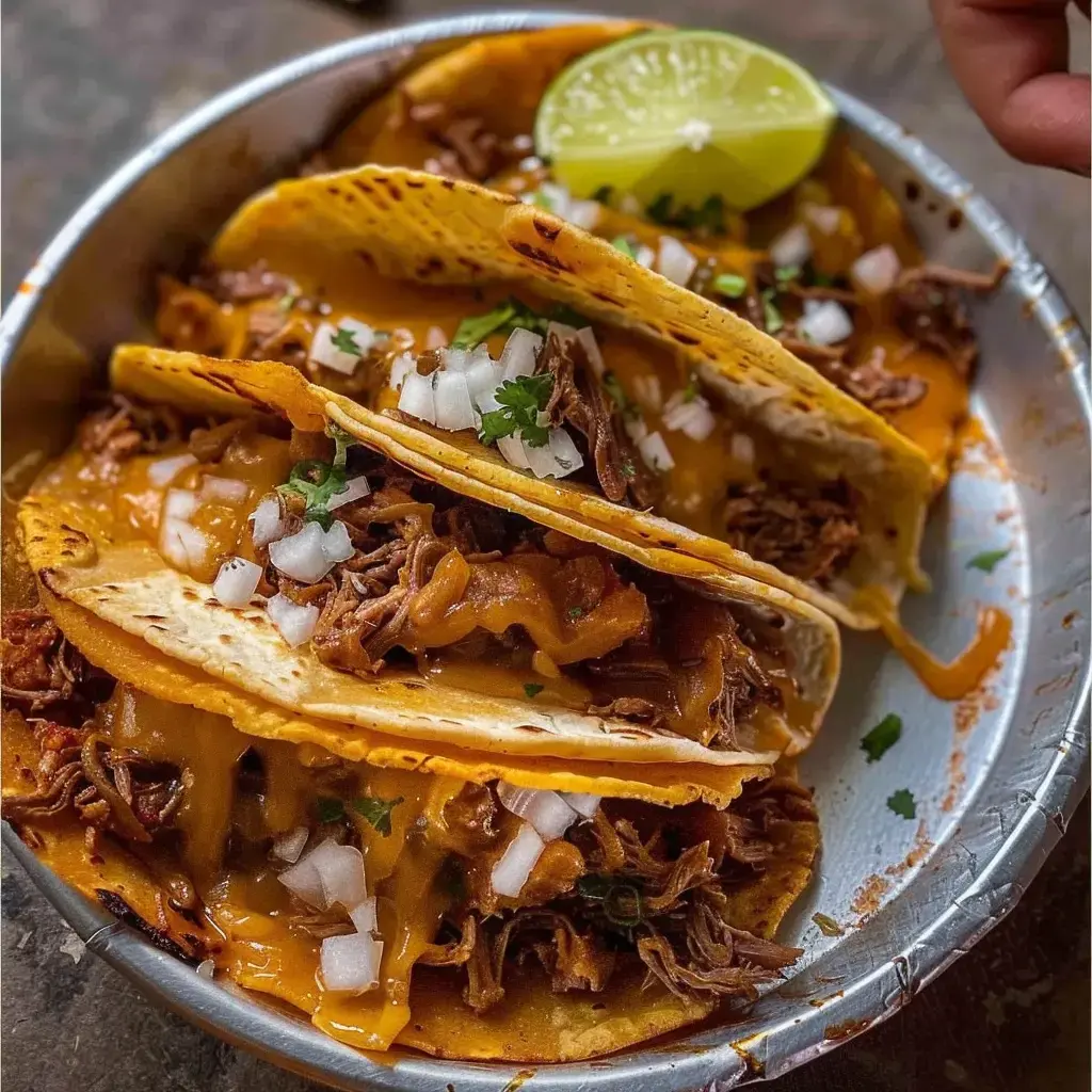 Ein Teller mit Tacos, gefüllt mit zartem Rind, geschmolzenem Käse, gehackten Zwiebeln und einem Limettenstück.