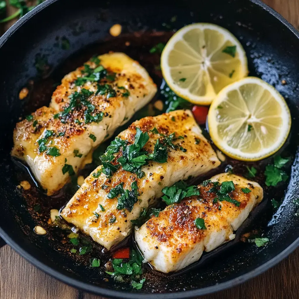Goldig gebratene Fischfilets mit frischer Petersilie und Zitronenscheiben, angerichtet in einer Pfanne.