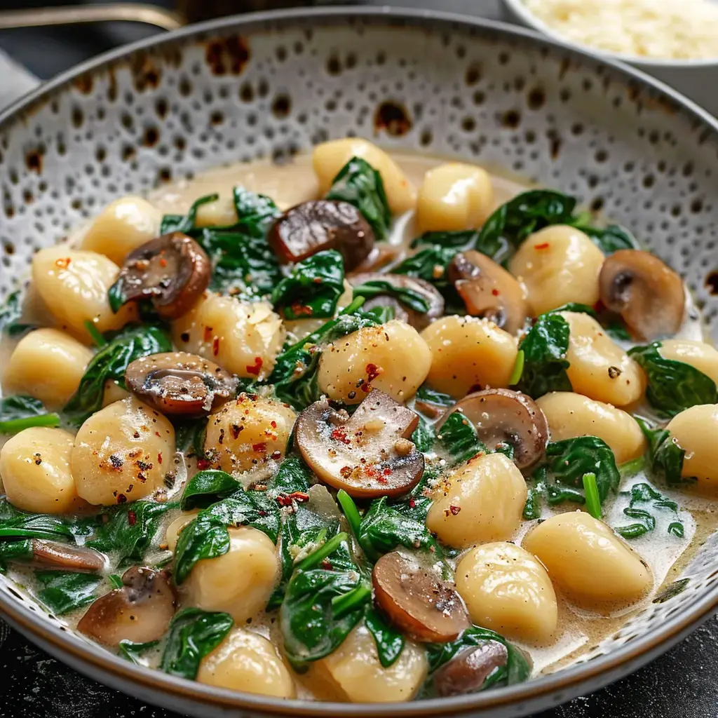 Ein Gericht aus cremigen Gnocchi, Spinat und Champignons, garniert mit Pfeffer und roten Chiliflocken.
