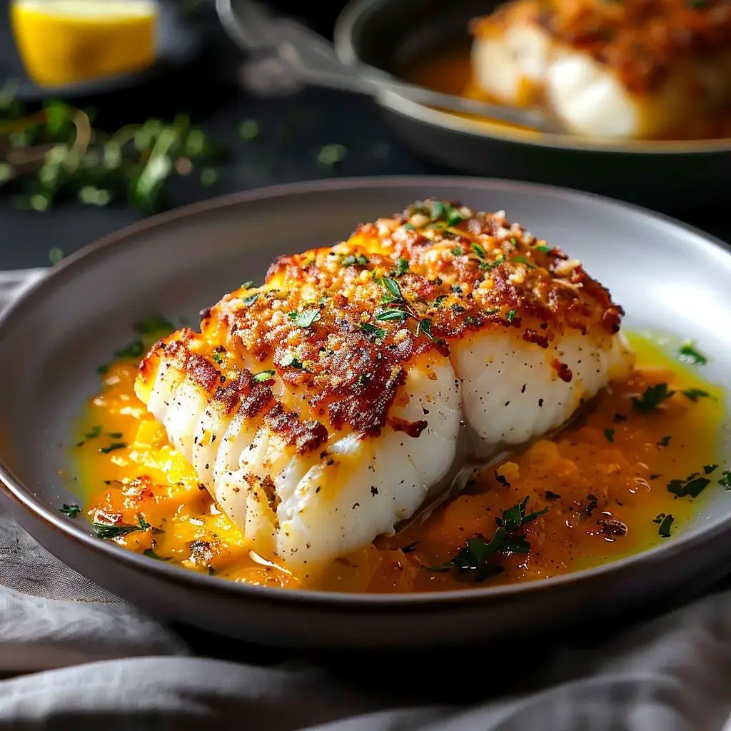Ein gebratenes Fischfilet mit knuspriger Kruste, serviert auf einer Zitrussauce und dekoriert mit frischem Thymian.