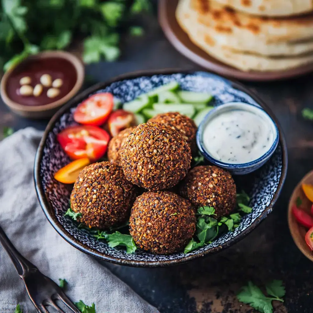 Eine Schale mit knusprigen Falafels, serviert mit frischem Gemüse und Saucen.