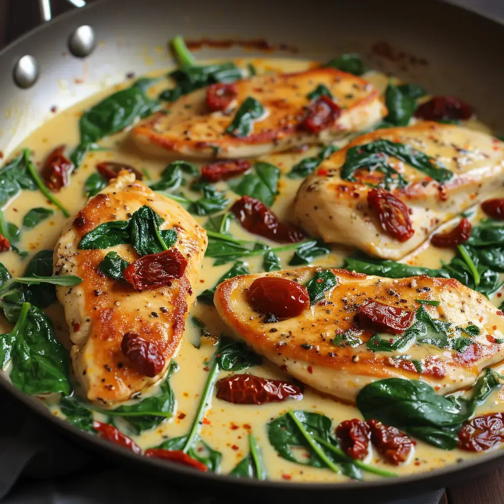Gebratenes Poulet in einer cremigen Sauce mit Spinat und getrockneten Tomaten in einer Pfanne.