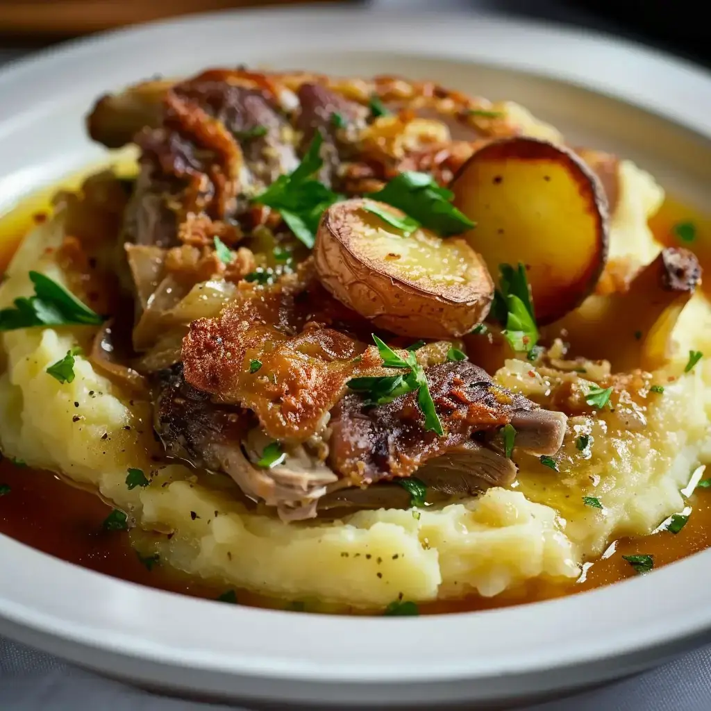 Ein Teller mit zartem Enten-Parmentier, cremigem Kartoffelpüree und goldbraunen Apfelscheiben, verfeinert mit frischer Petersilie.