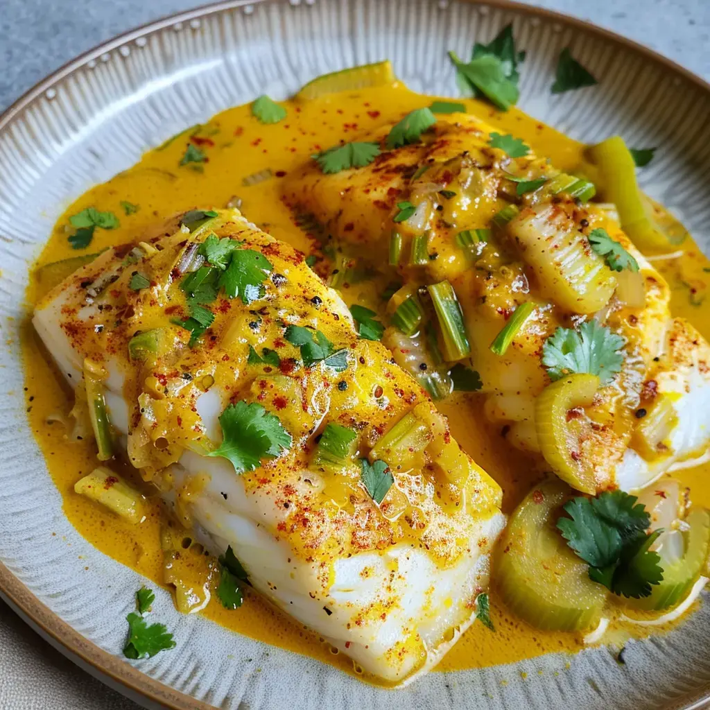 Zwei Fischfilets in gelber Gewürzsauce, garniert mit Sellerie und frischem Koriander.