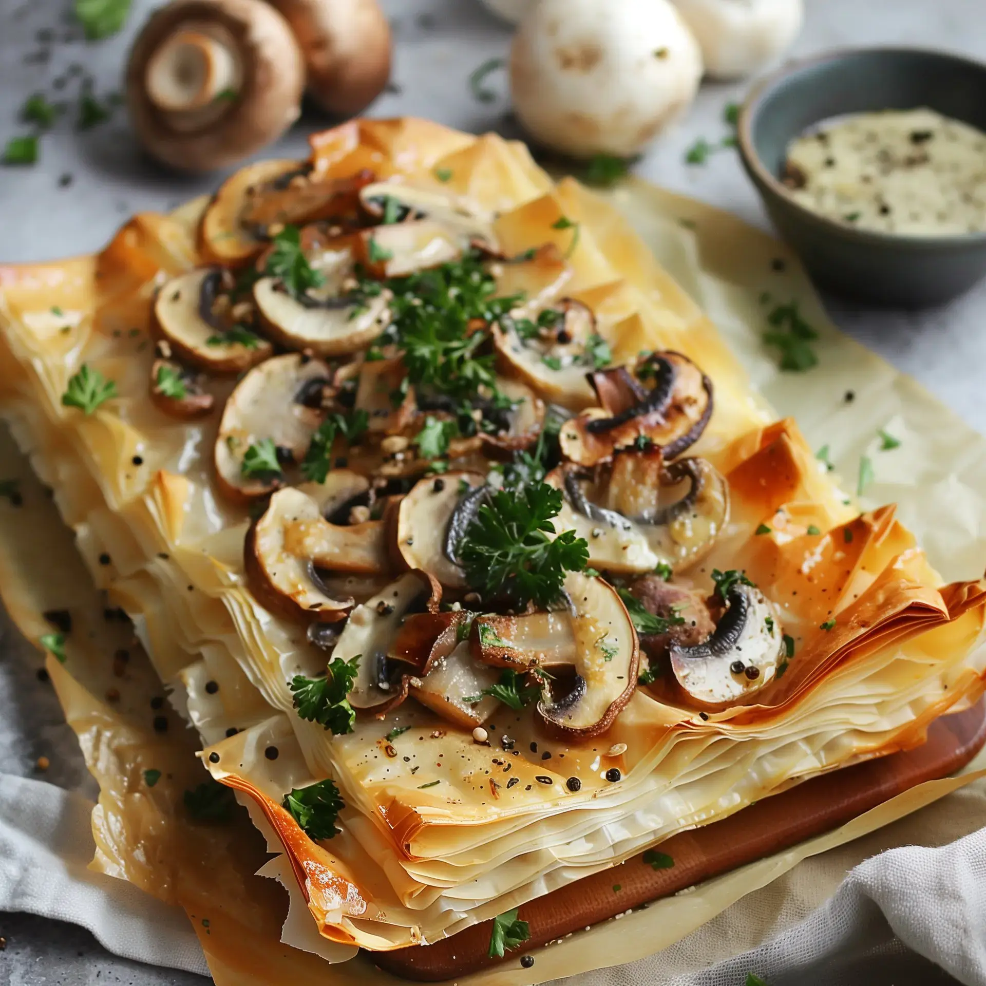 Ein Filo-Kuchen mit sautierten Pilzen und Petersilie, serviert mit einer Sauce in einer Schale.