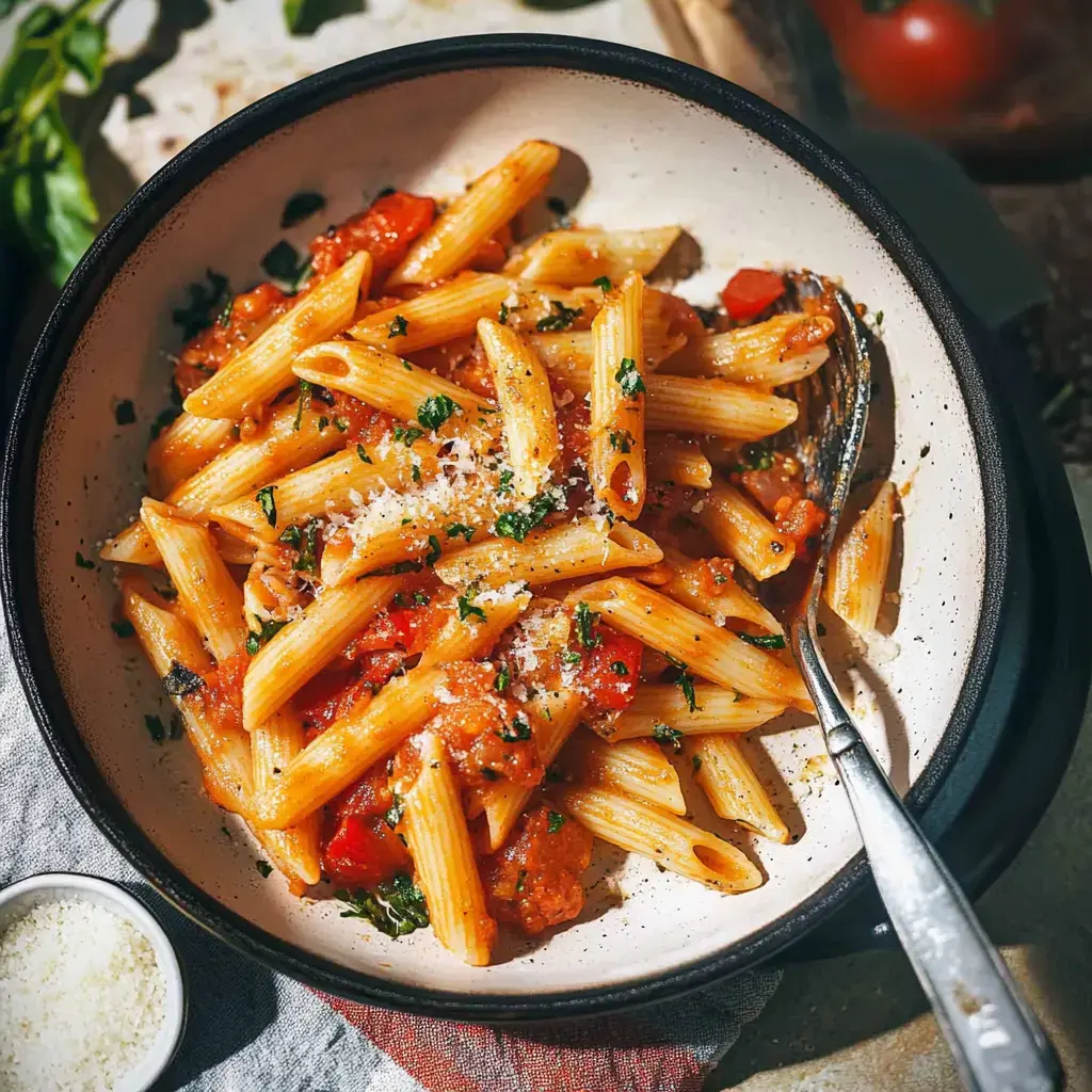 Penne mit scharfer Tomatensauce, Parmesan und Petersilien-Topping auf einem Teller.