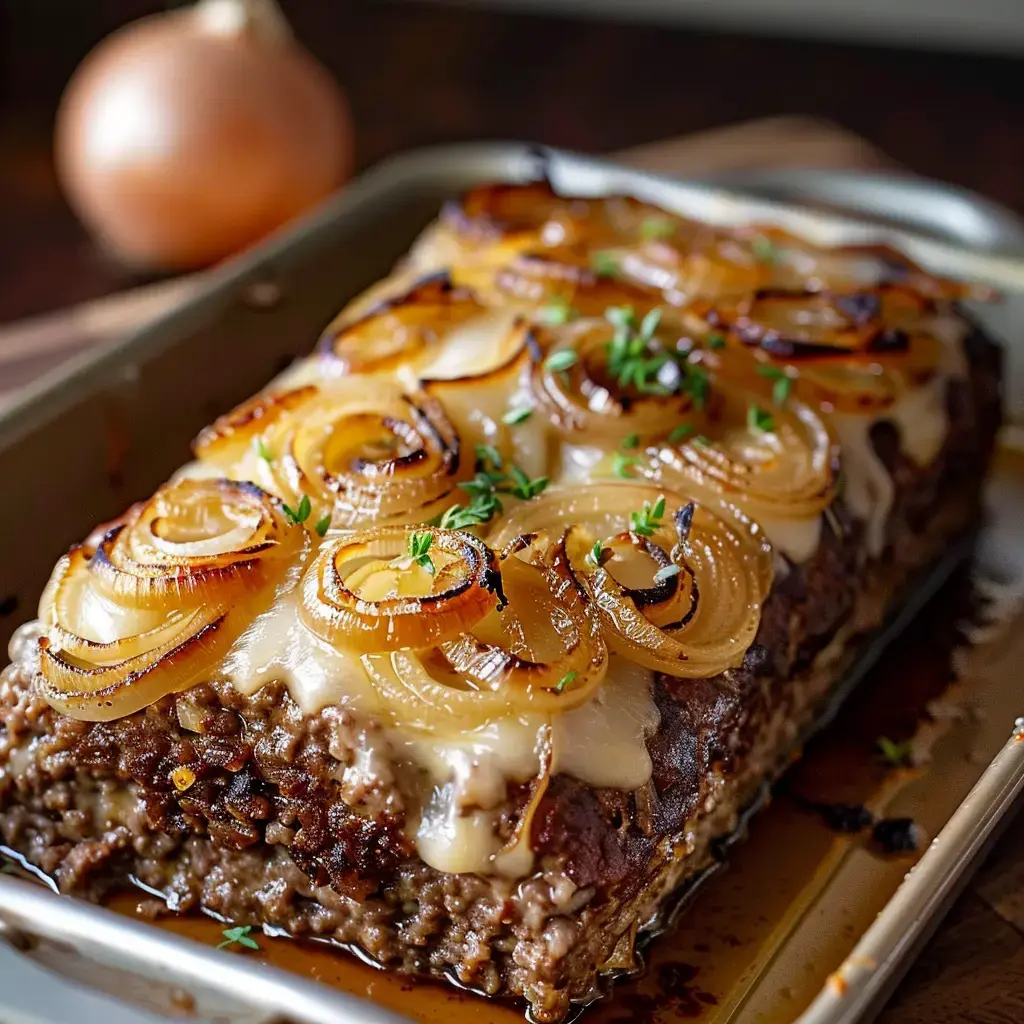 Ein Fleischlaib mit gebratenen Zwiebeln und Käse auf einer Servierplatte angerichtet.