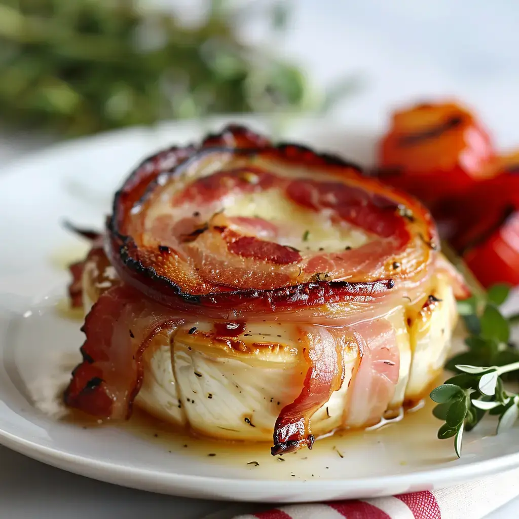 Ein Käse in knusprigem Bacon serviert mit geröstetem Gemüse und frischen Kräutern.