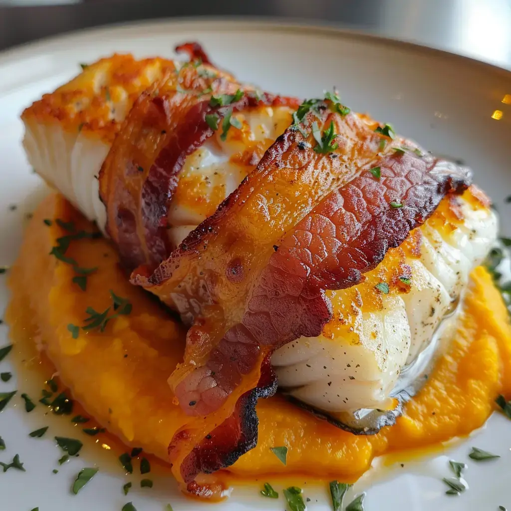 Zarter Fisch mit Speck umhüllt, serviert auf einem Bett aus fein püriertem Kürbis und garniert mit frischen Kräutern.