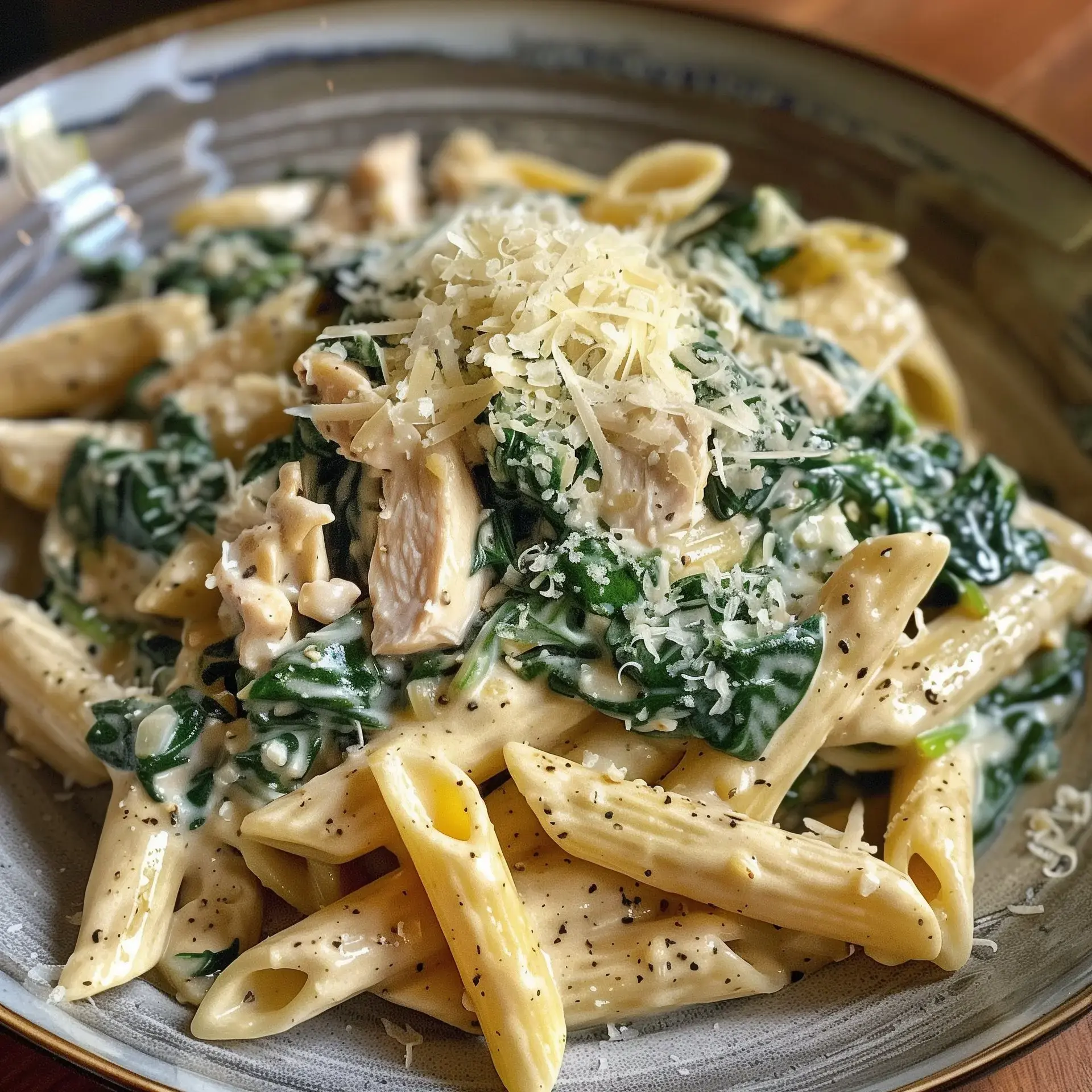 Ein Teller cremige Pasta mit Spinat, Poulet und geriebenem Käse obendrauf.