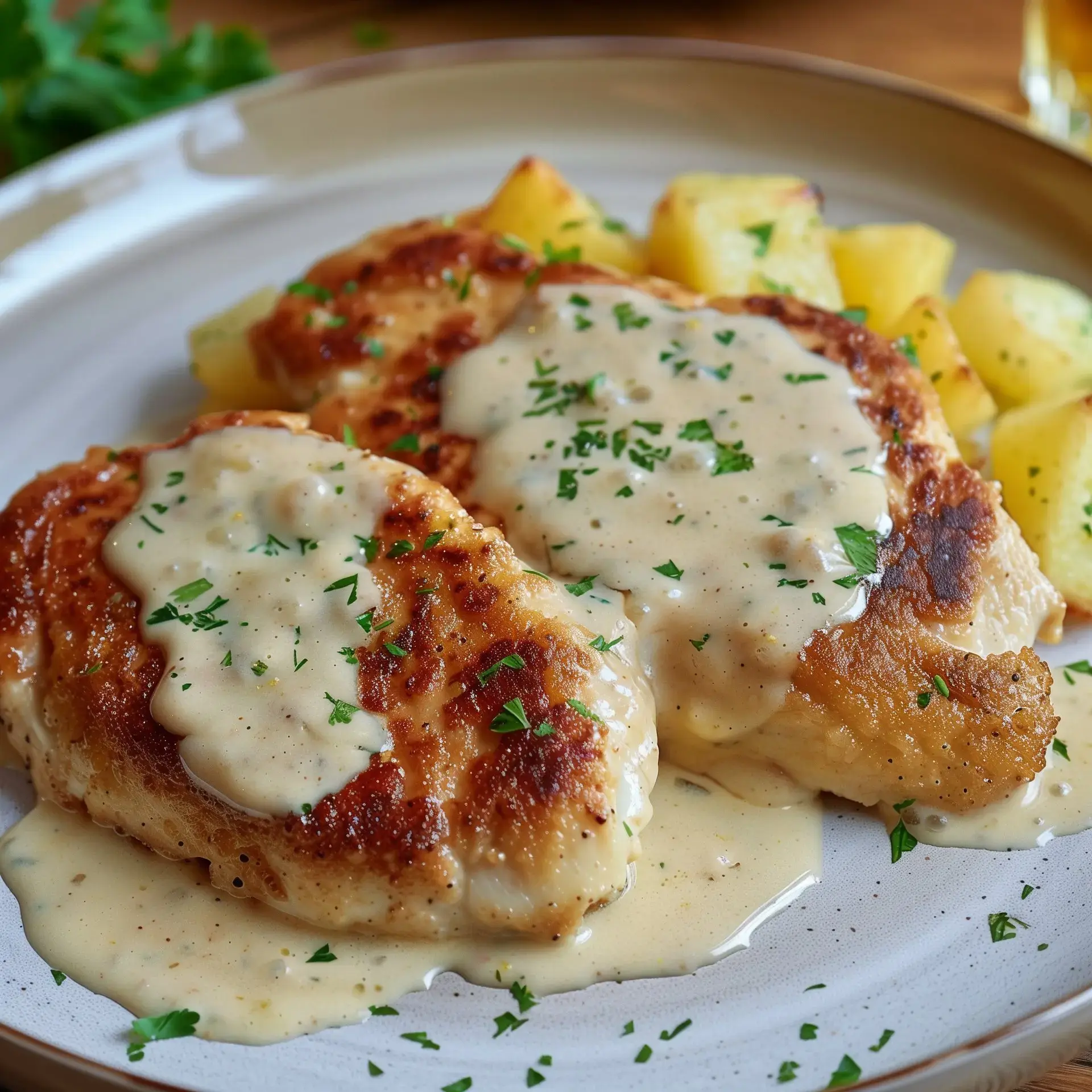 Ein servierter Teller mit gegrilltem Poulet, cremiger Sauce, dekoriert mit Petersilie und goldbraunen Kartoffeln.