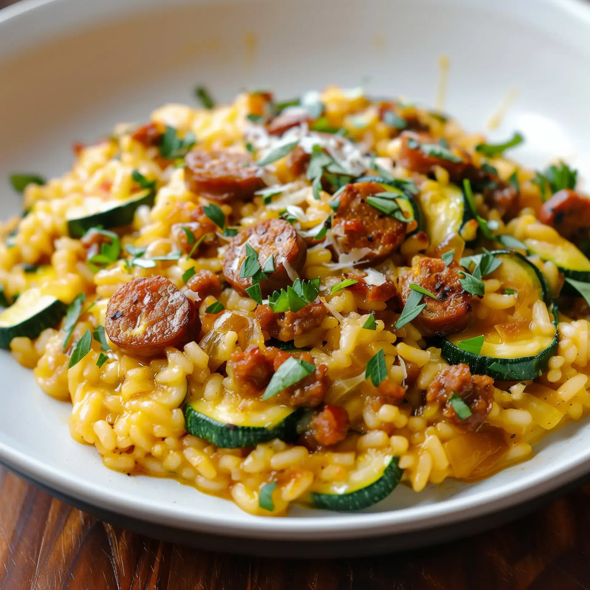 Ein Teller cremiger Risotto mit Würstchen, Zucchini und frischen Kräutern.