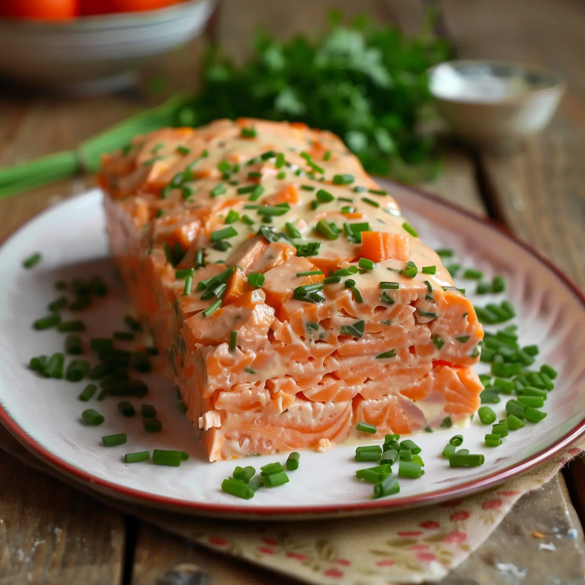 Ein Teller mit Lachs-Terrine, garniert mit frischem Schnittlauch, dazu Gemüsestückchen.