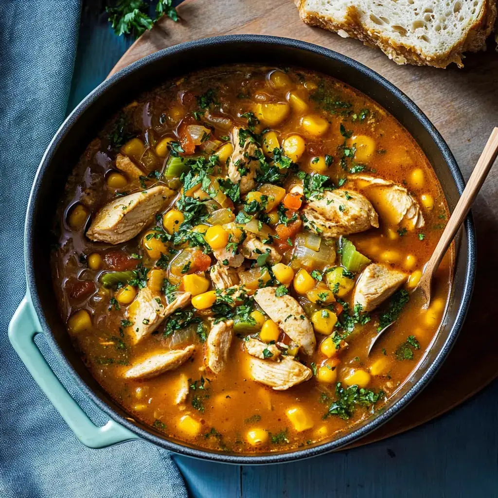 Eine köstliche Hühnersuppe mit Mais, buntem Gemüse und Kräutern, serviert mit einem Stück Brot.