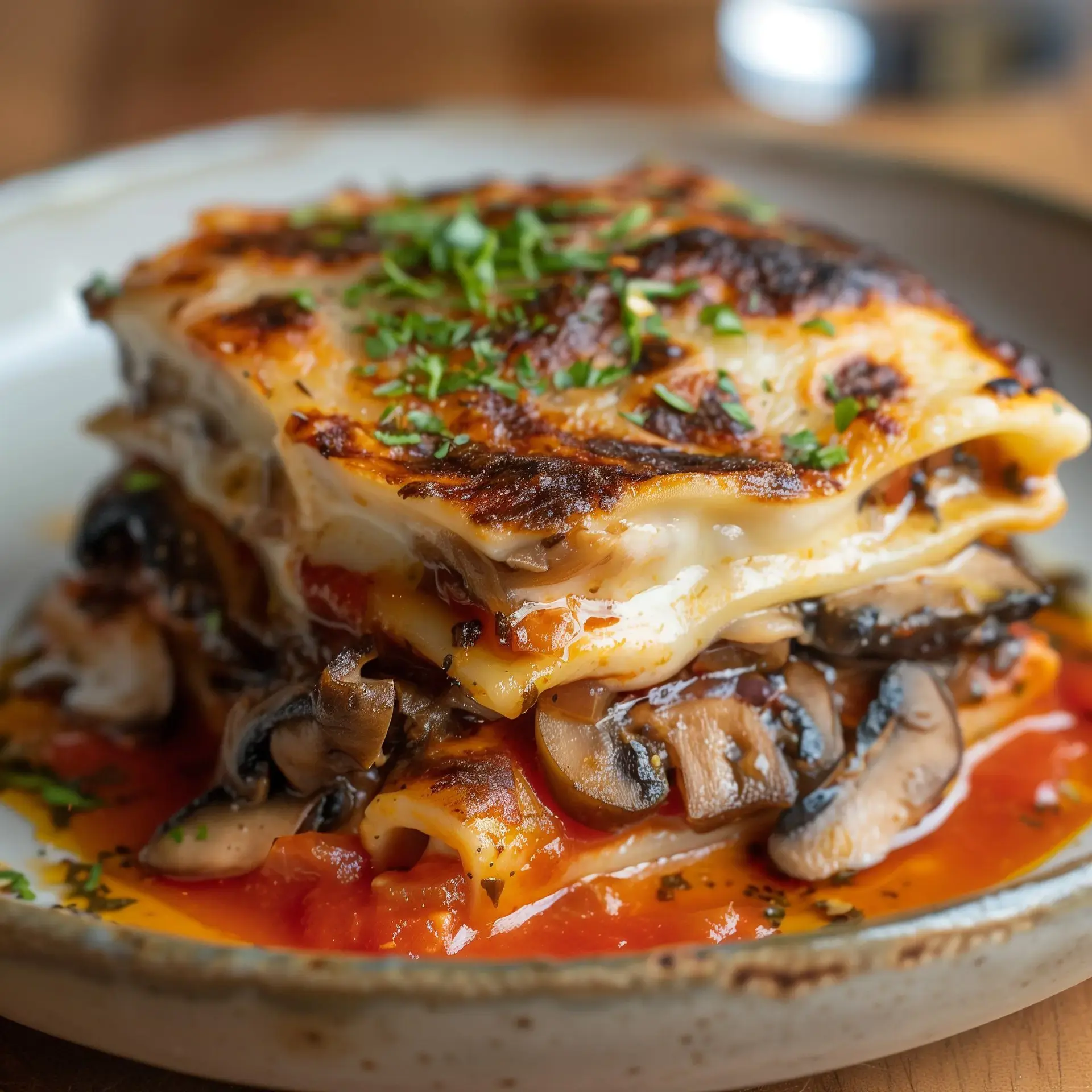 Schichtweise aufgebaute Lasagne mit Champignons, Tomatensauce und frischen Kräutern, serviert auf einem Teller.