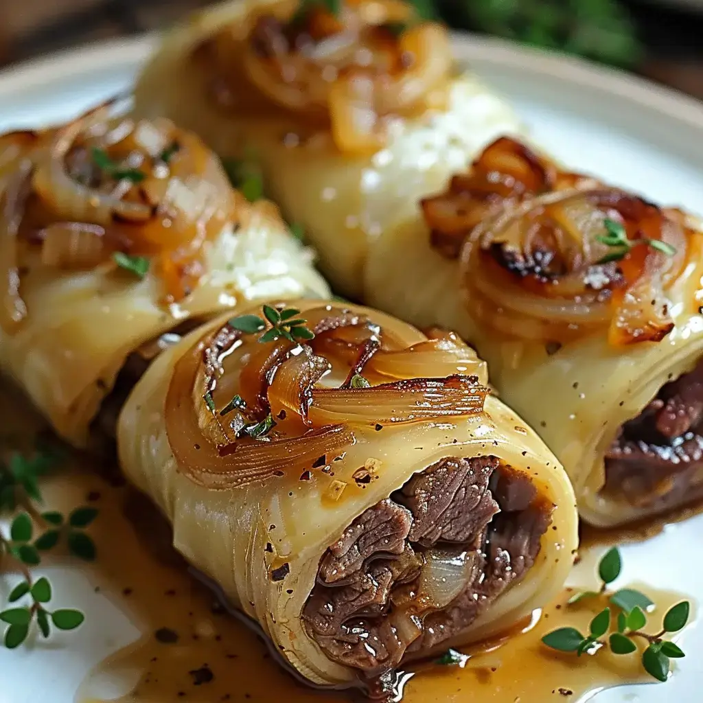Zarte Fleischröllchen mit karamellisierten Zwiebeln, serviert in Sauce, kunstvoll auf einem Teller angerichtet.