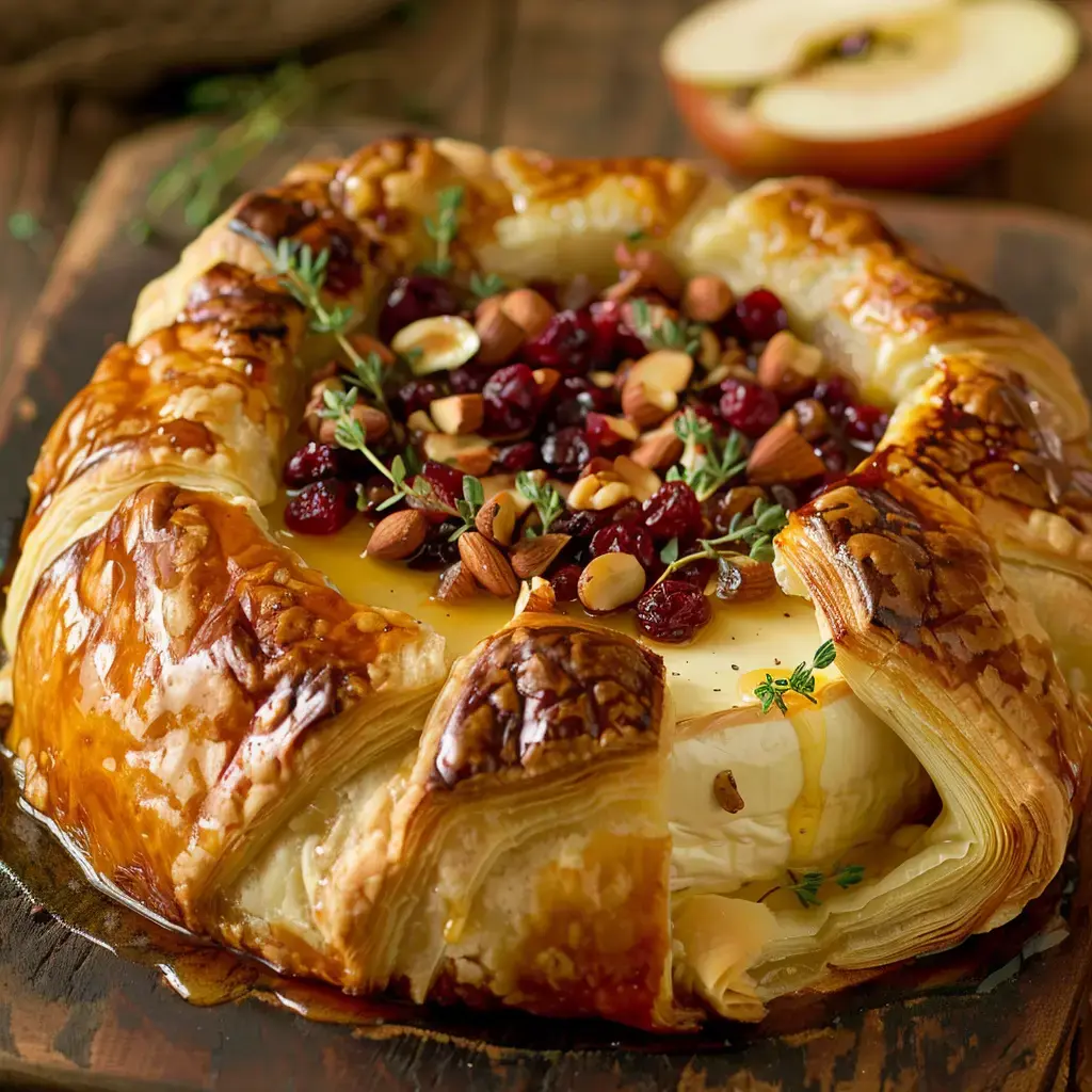 Ein heißer Blätterteig umschließt einen cremigen Käse, gefüllt mit Trockenfrüchten, Nüssen und Thymian, auf einem Holzbrett.