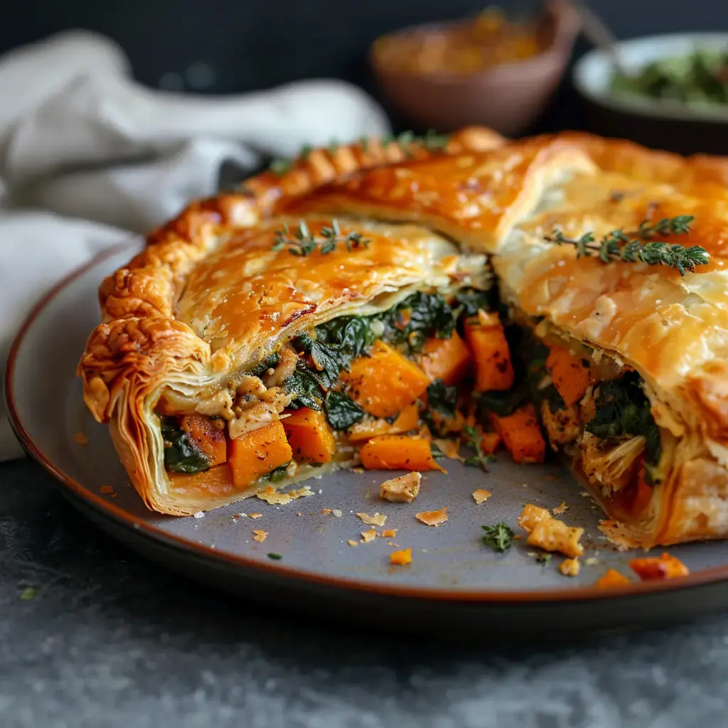 Blätterteigtarte gefüllt mit Kürbis, Spinat und Kräutern, angeschnitten und mit bunter Füllung.