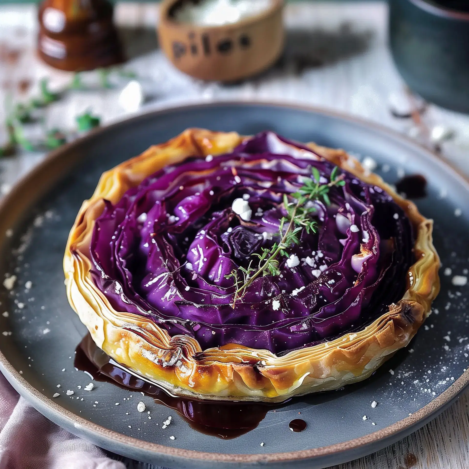 Eine Tarte mit Rotkohl in Rosenform, dekoriert mit Thymianblättern und Feta auf einem Teller.