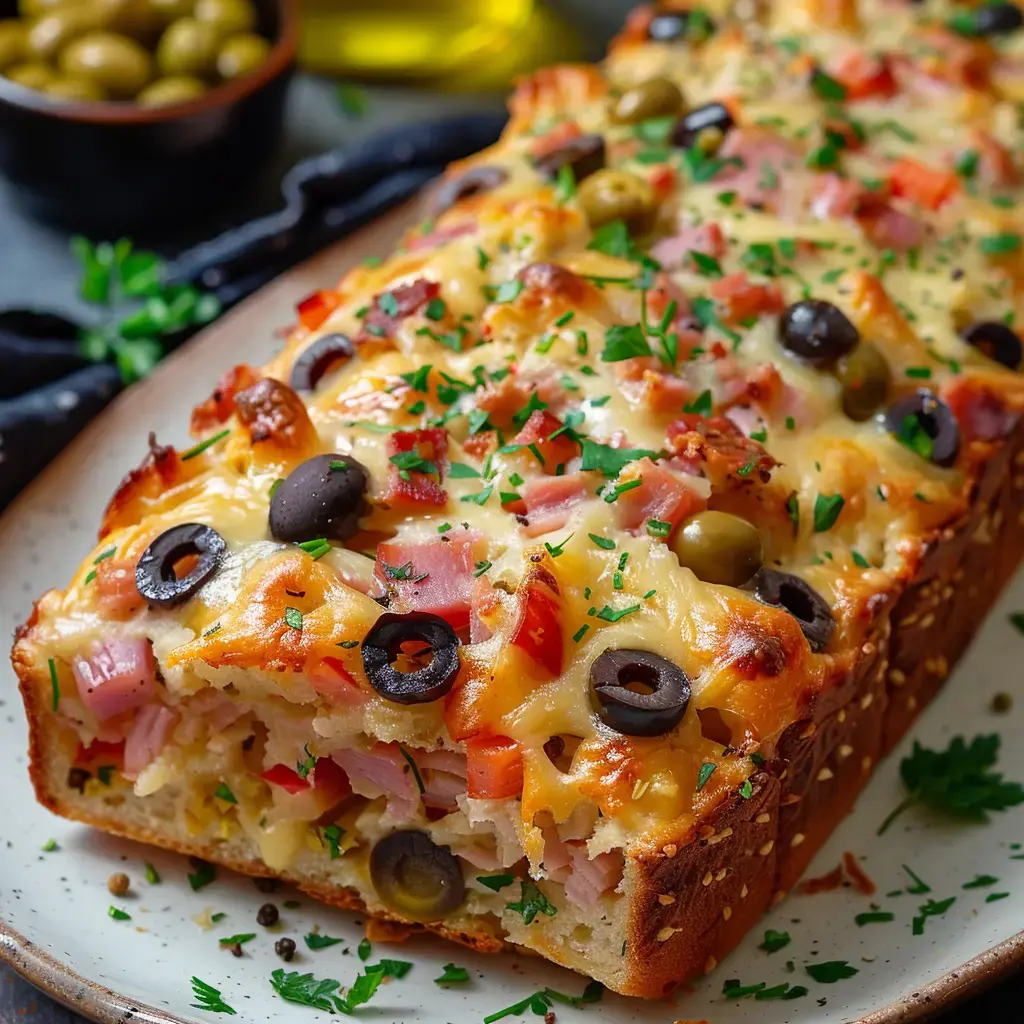 Ein Kuchen mit Schinken, Tomaten, schwarzen und grünen Oliven, überbacken mit Käse und garniert mit Petersilie.