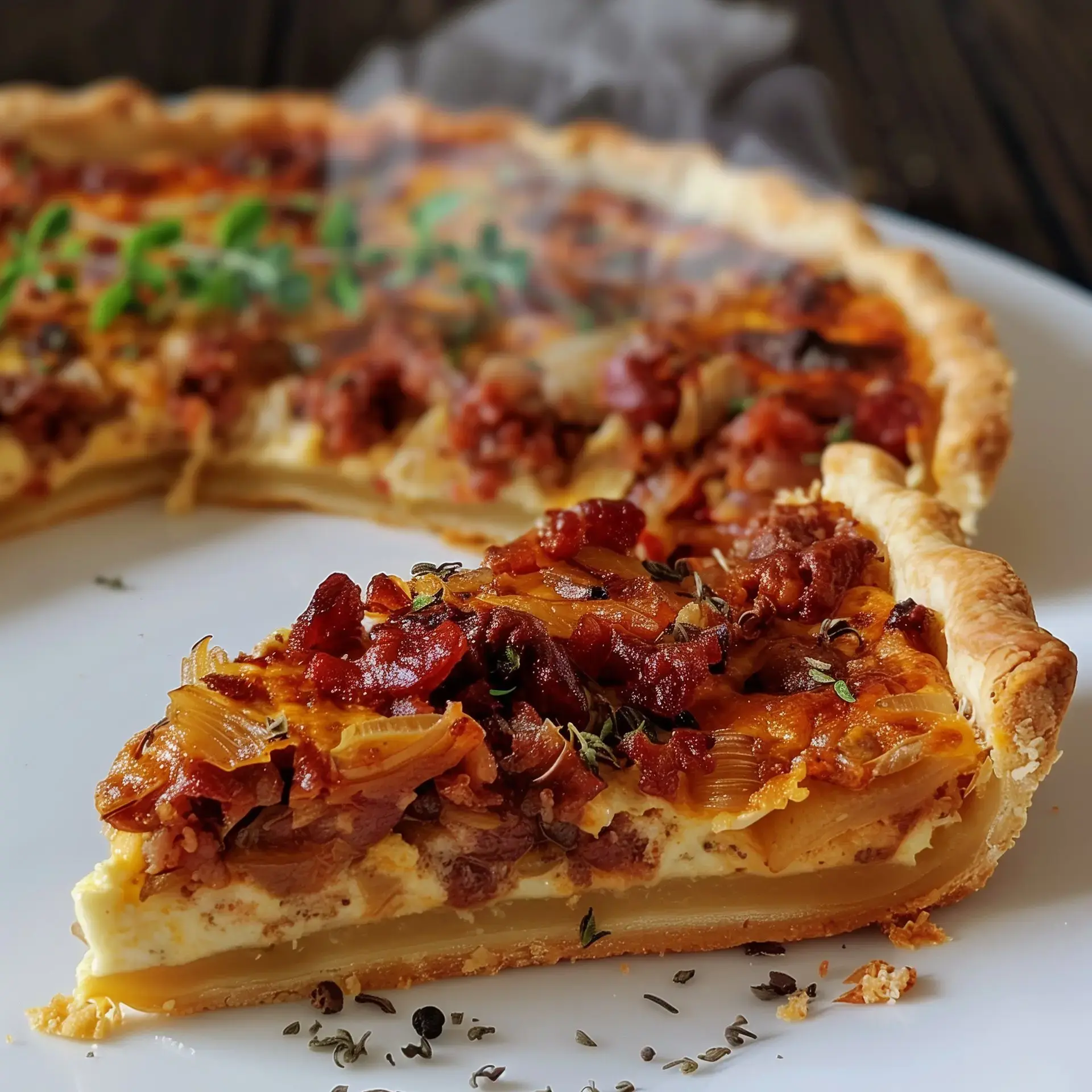 Ein Stück Quiche mit Hackfleisch, Zwiebeln und frischen Kräutern auf einem Teller serviert.