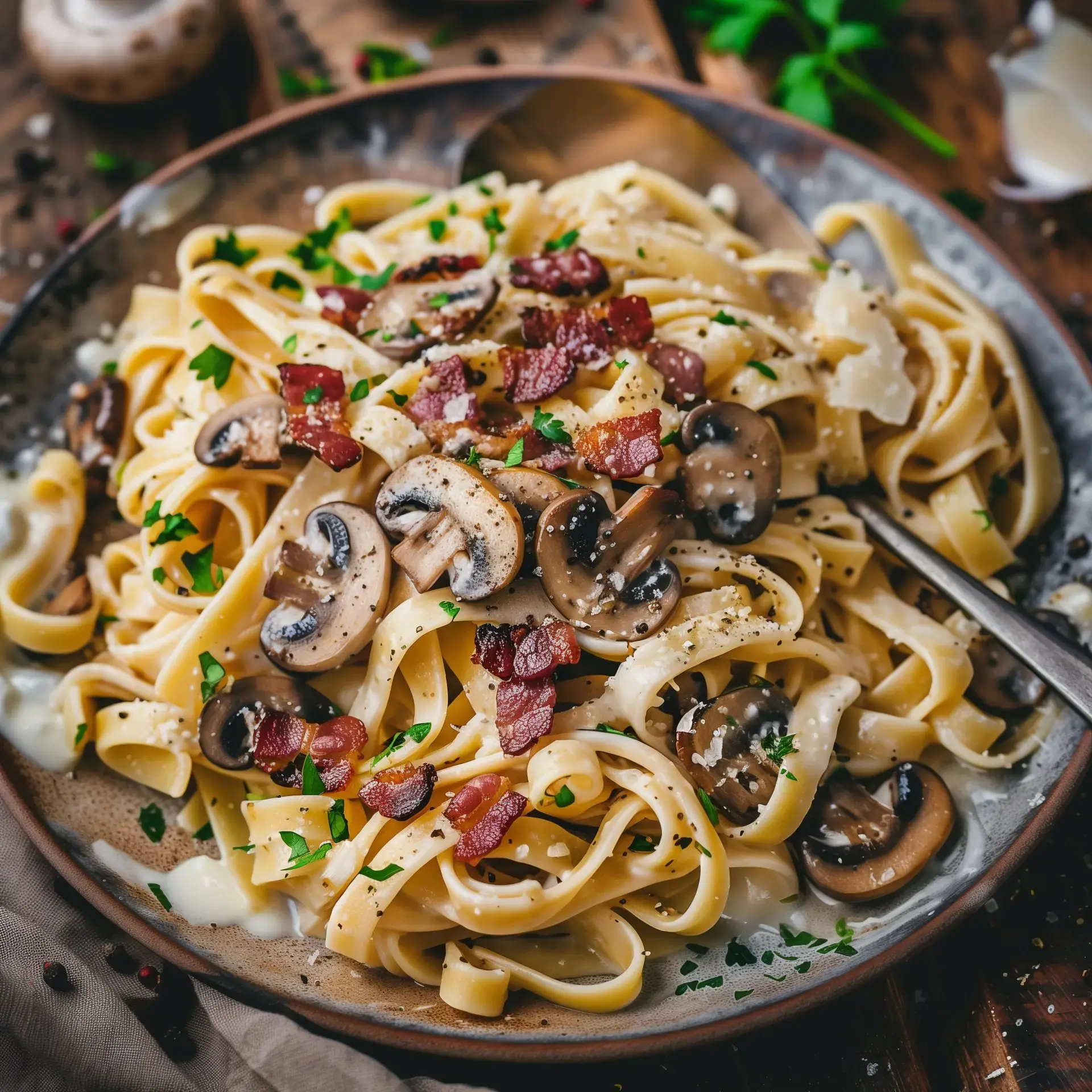 Ein Teller cremiger Pasta mit Pilzen und Speck, garniert mit frischer Petersilie und Käse.